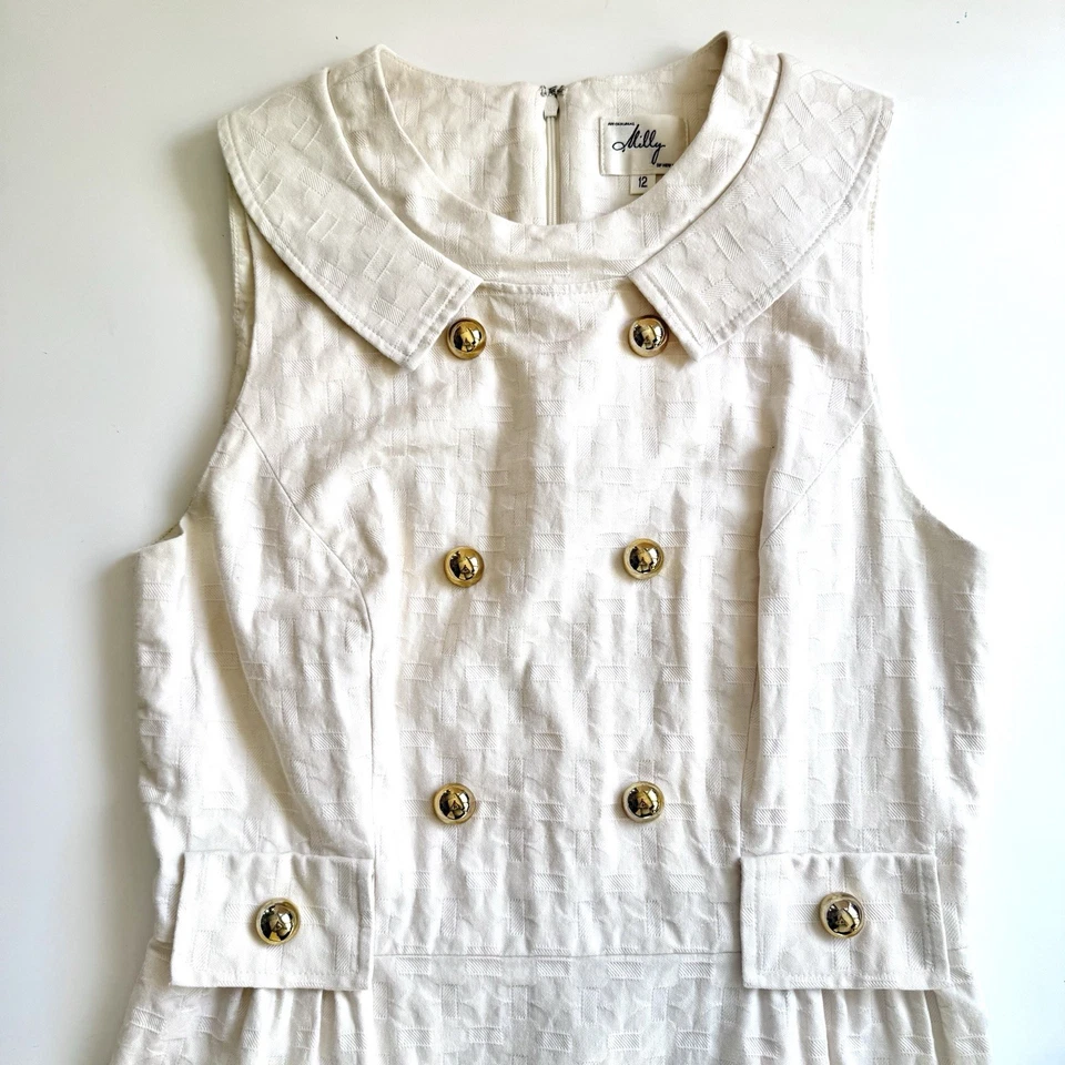 Vintage Milly New York 100% Cotton Silk Lined White Dress Gold Button sz 12 - Image 3 of 4