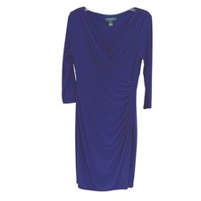 Lauren Ralph Lauren Royal Blue Ruched V-Neck Sheath Dress Sz 6 3/4 Sleeve NWOT