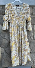 Forever 21 Yellow Floral Maxi Dress Puff 3/4 Sleeve Size Small Modest Slit