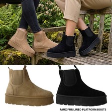 LADIES CHELSEA BOOTS WOMENS PLATFORM FUR LINED COSY WINTER  ANKLE BOOTS SHOES