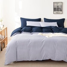 - Striped Comforter Set, Ticking Stripe Vertical Pinstripe Queen Navy Blue