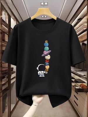 Men's T-Shirt Cartoon Astronaut T-shirt with Planet Design casual T-shirt