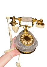 VTG Godinger French Style Crystal Phone W/ Push button Crystal- Brass Phone 1990
