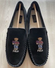 Polo Ralph Lauren Polo Bear Men  s Black Moccasin Slippers Faux Fur Lined Size 8