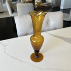 Vintage Amber glass pedestal bud vase swirl scalloped top Hand Blown 8" — photo 1