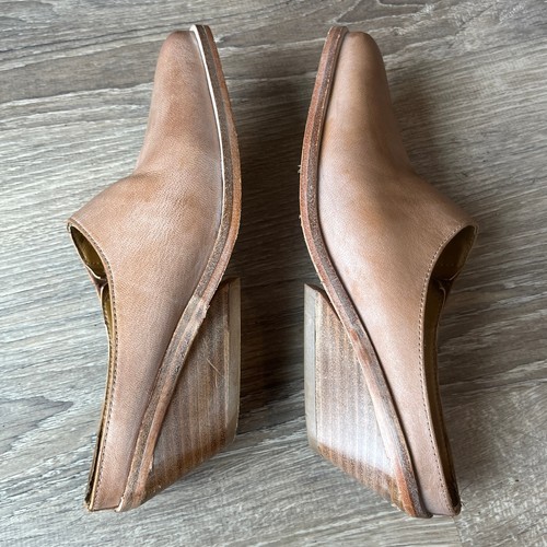 Free People Tan Leather Pointed Toe Architectural Stacked Wedge Mules Size 36