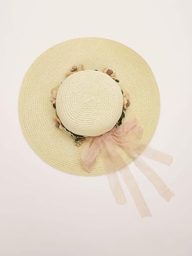 Scalloped Wide Brim Straw Sun Hat with Beaded Boho Trim Women main image 3