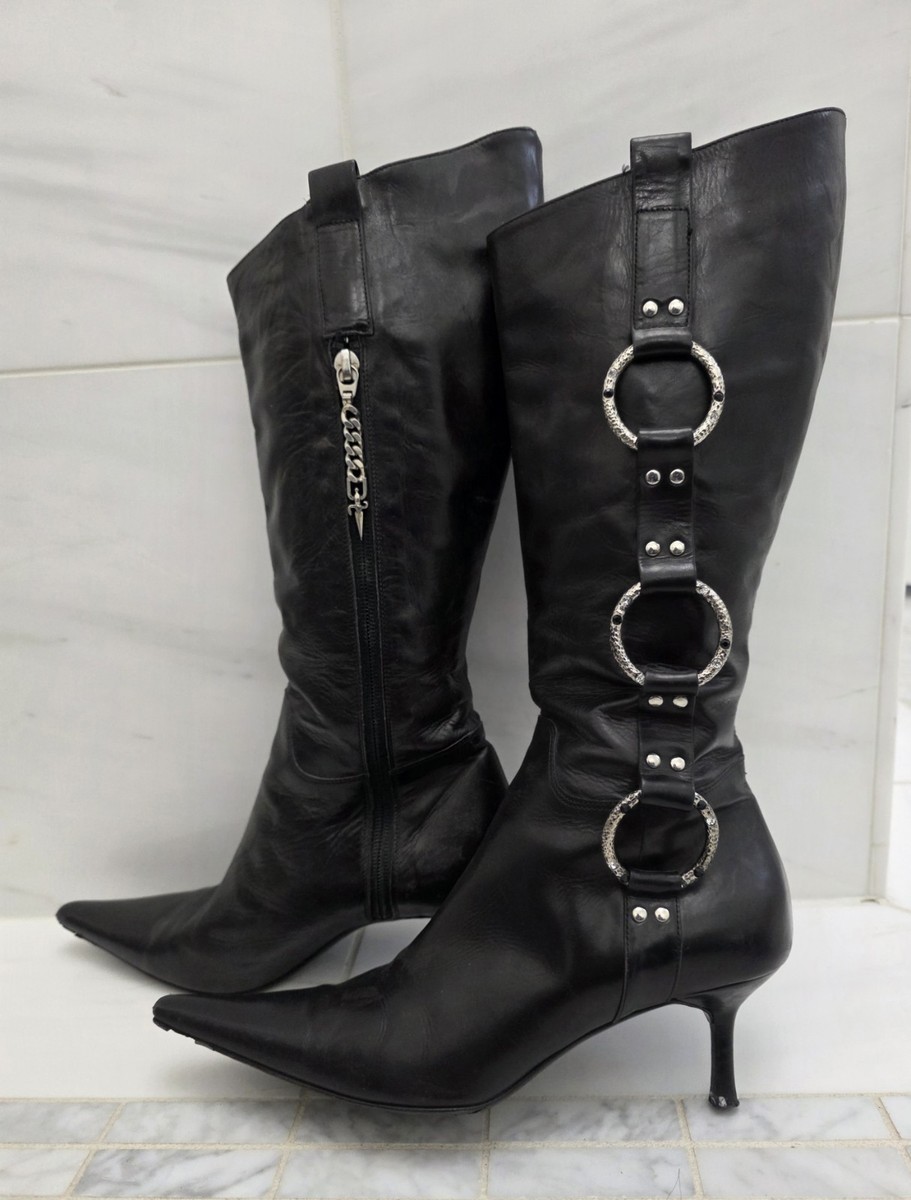 【希少】cesare paciottiロングニーハイブーツ イタリア製 36 Vintage Cesare Paciotti Black Leather Dagger Kitten Heel Boots