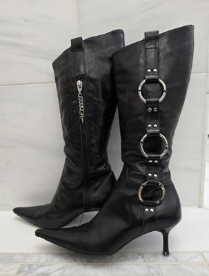 Vintage Cesare Paciotti Black Leather Dagger Kitten Heel Boots