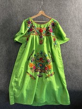 Vintage Mexican Oaxaca Embroidered Maxi Dress Size M-L Green Floral Traditional