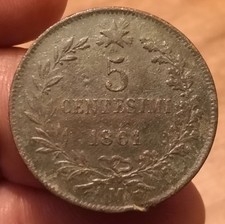 Moneta 5 Centesimi 1861 Milano, Vittorio Emanuele II, Rif. 8025