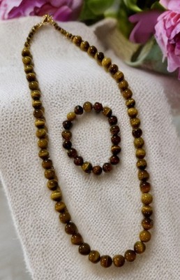 Vintage Lee Sands Tri-colored Tiger Eye Large Beaded Necklace & Bracelet ! 