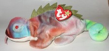 Ty Beanie Baby Iggy the Iguana in Rainbow Fabric 1997
