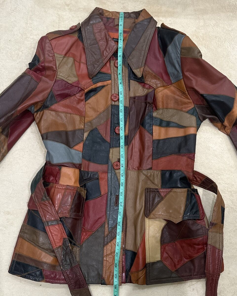 VINTAGE 1970s Leather Patchwork Jacket Womens 13-14 Fish VINTAGE 1970s Leather Patchwork Jacket Womens 13-14 Fish