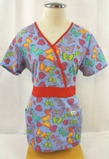 Liana Scrub Top Size XS Blue w/ Hearts and Butterflies Medical Uniform