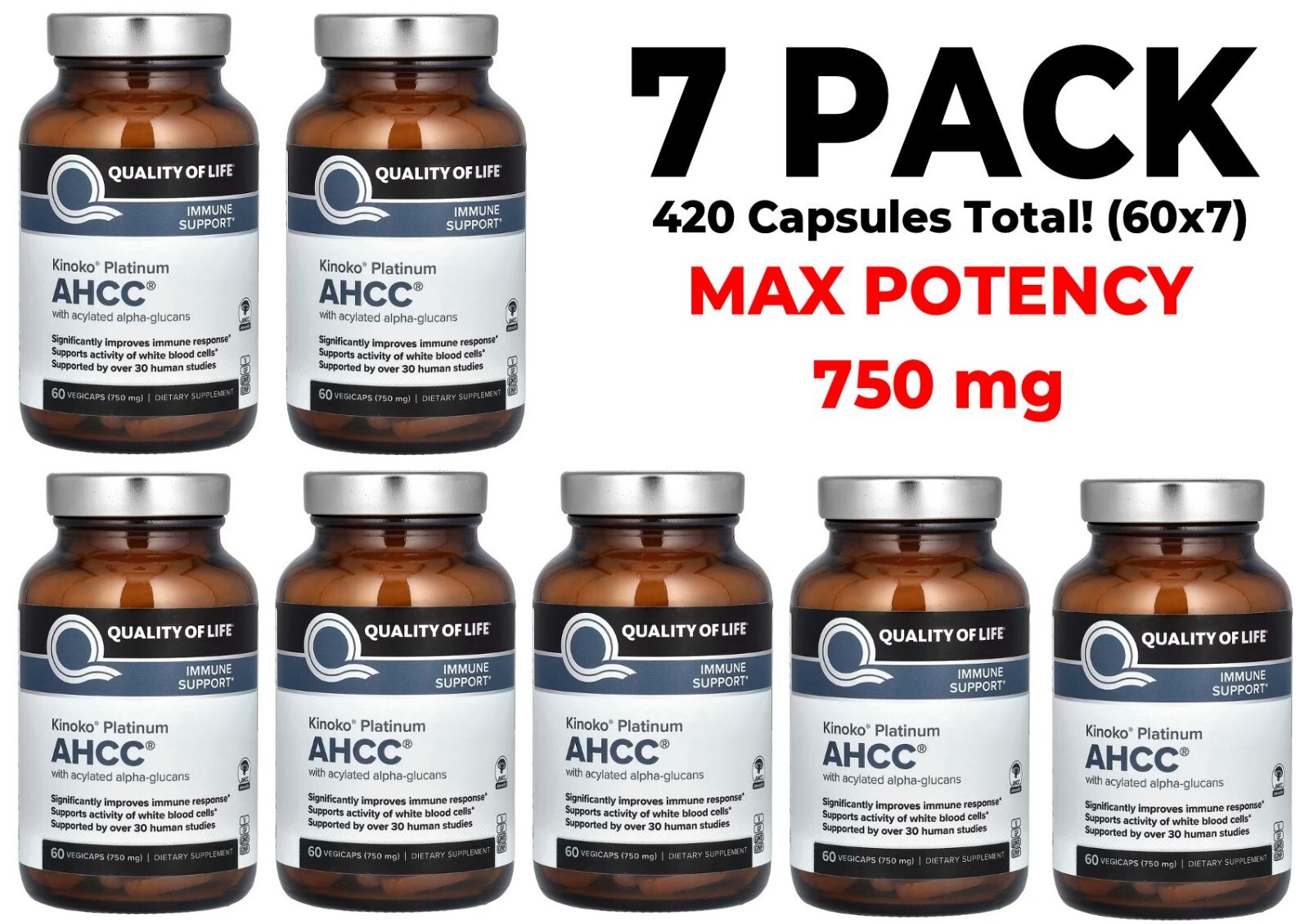 Kinoko Platinum AHCC, 7 PACK, Immune Support, 750 mg, 60 capsules each 420 total