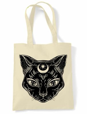 Schwarze Hexenkatze mit Mond Symbol großer Druck Beuteltasche Schultertasche Einkaufstasche