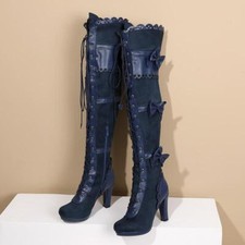 Womens Steampunk Victorian High Block Heel Lace Up Over Knee High Boots Shoes