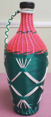 VTG Heavy Glass Plastic Wicker Wrapped Wine Bottle Jug w/ Wood Base