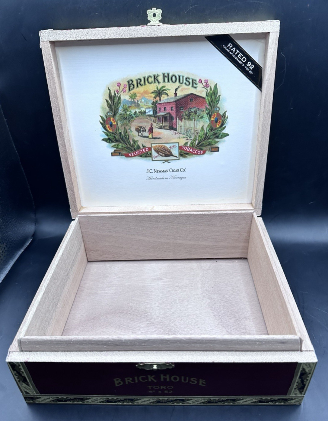 Brick House Toro Cigar Wood Box Gold Latch Empty J C Newman Cigar Co Red Gold