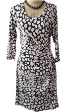 Calvin Klein Dress Black & Cream Print Rushed Side Front & Back 3/4 Sleeves Sz 2