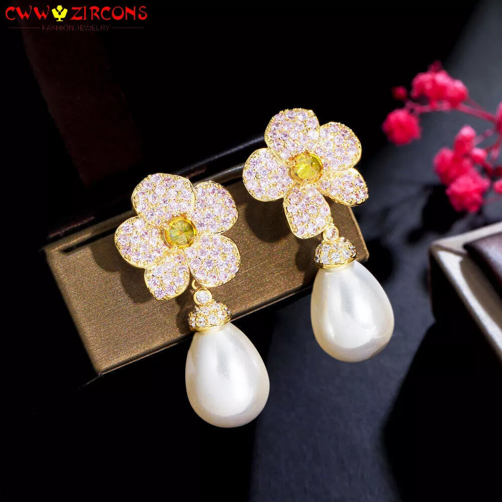 Yellow Gold Plated CZ Long Flower Pearl Dangle Drop Earrings for