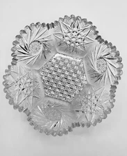 American Brilliant Cut Glass Bowl Hexagon Base 6 Petal Star and Pinwheel Designs