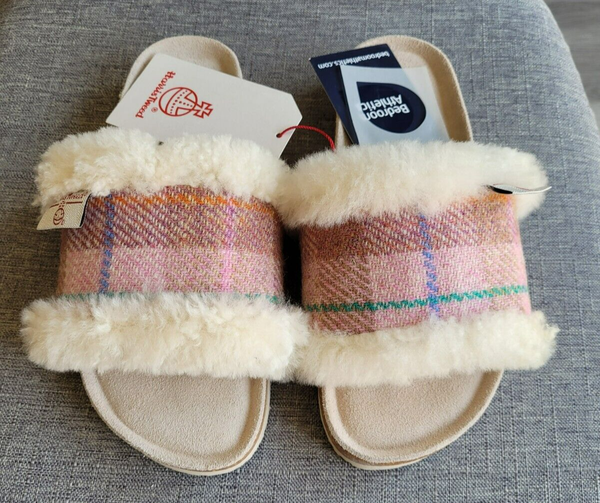 Bedroom Athletics Womens Harris Tweed Slider Slippers Zara Pink/Cream Check  UK