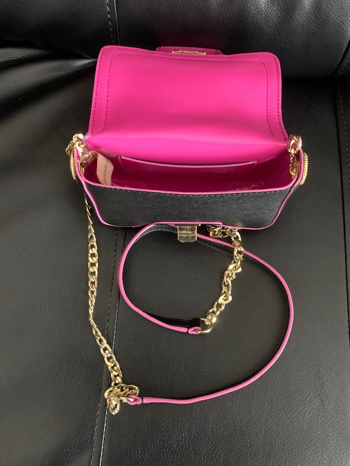 JUICY COUTURE Mini Black/Pink Leather Crossbody Bag Gold Tone Chain W