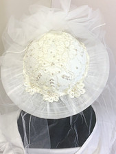 1980s White Wedding Bridal Veil Hat Tulle Pearls Beads Ribbon