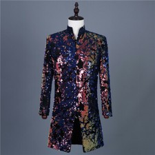 Men Sequin Longline Jacket Coat Cabaret Carnival Fancy Dress Showman Costume Top