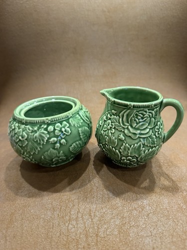 Tiffany & Co. Strawberry & Vine Green Majolica Cream & Sugar Set Portugal