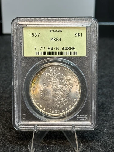 1887 Morgan Silver Dollar PCGS MS-64 Rainbow Crescent Toned OGH Old Green Holder