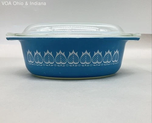 Pyrex Blue Delft Oval Casserole Dish 043 1.5 Qt with Lid Vintage