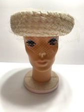 Vintage Women Floral Veiled Wedding Church Derby Brunch White Straw Hat Size 21