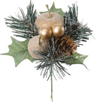 Artplants Kunst Gesteck Apfel, Birne, Kiefer Hermosa Mit Kugeln, Steckstab, Gold