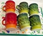 Anchor Hocking Set of 6 Vintage Fire King Diamond Green Orange Milk Mug MCM READ
