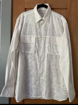 Perry Ellis Long Sleeve Dress Shirt Ivory/White Damask M  Double Front Pockets 