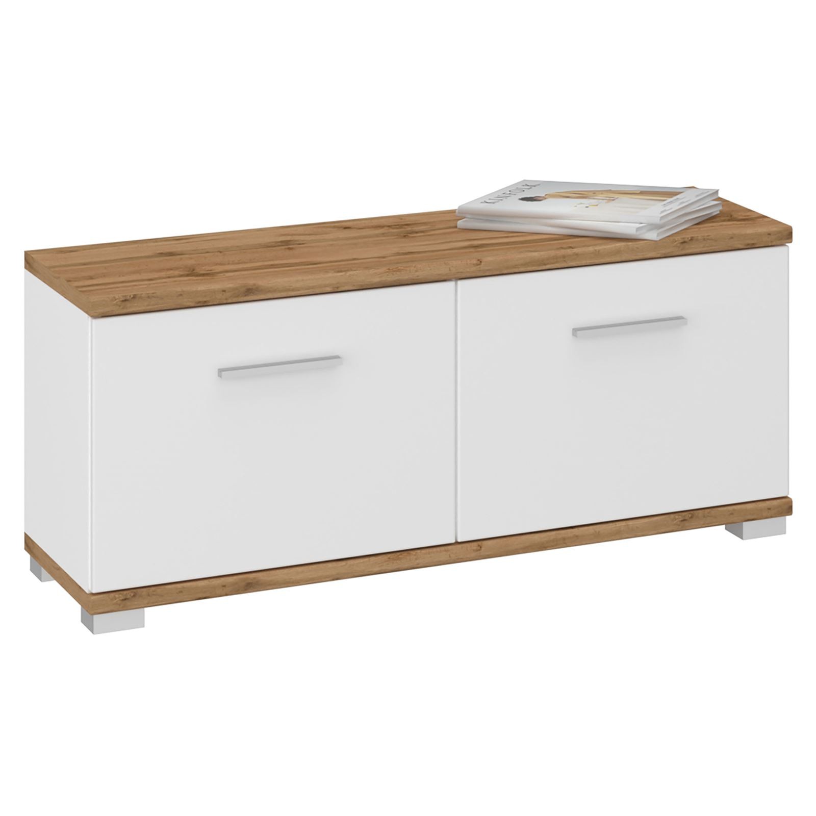 Banc rangement à chaussures en chêne wotan et blanc Modèle OSLO 90cm