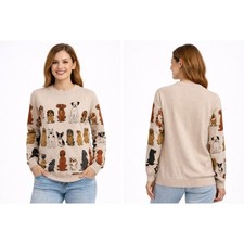 Women  s Size Small Boutique Whimsical Dog Print Crewneck Long Sleeve Sweater G