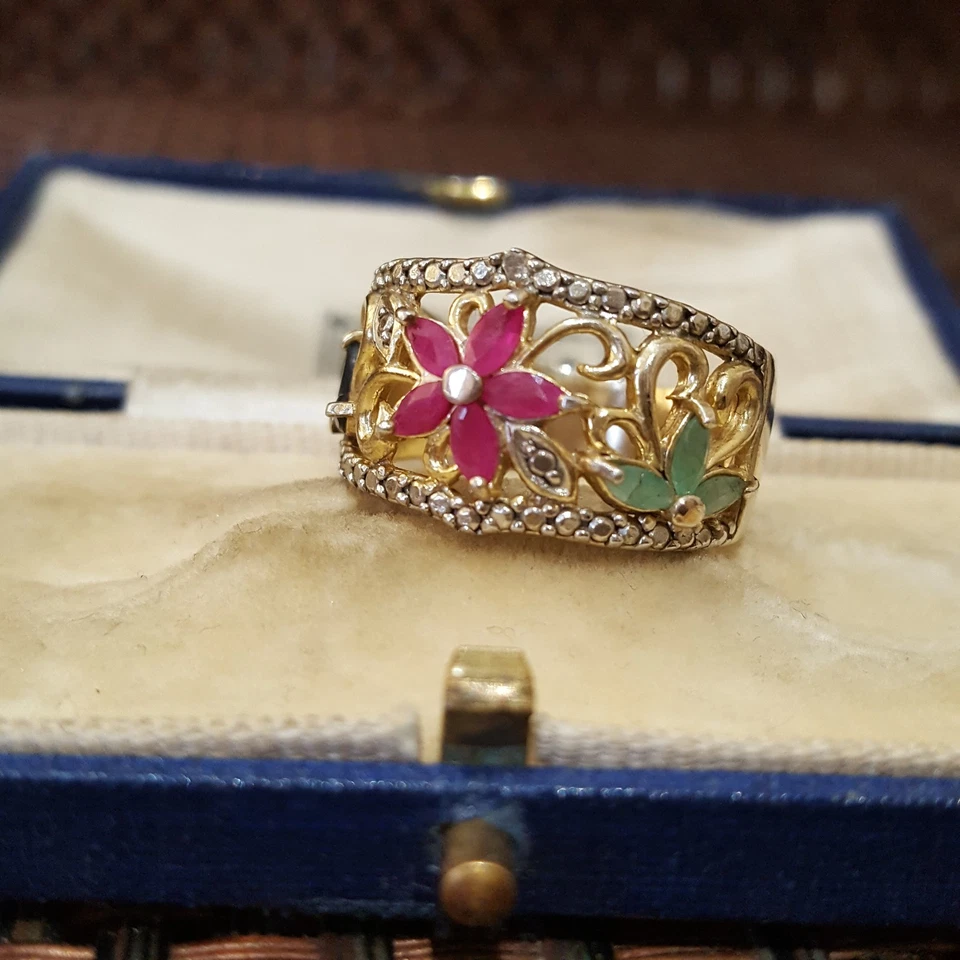 Gold Plated Sterling Silver Ring Ruby Emerald Sapphire UK Size P / US 7.5 /EU 56 - Image 4 of 4