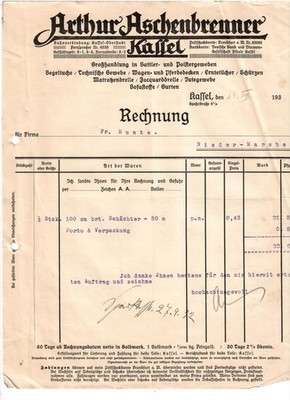 A.)E41-old invoice A.Aschenbrenner Großhlg. Saddler & Upholstery Fabric Kassel 1932