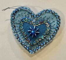 Light Blue Felt Heart All-occasion Ornament handmade, beads  sequins
