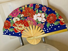 Fan Thai Folding Blue Red Flowers Hand Bamboo Thailand Decor                        