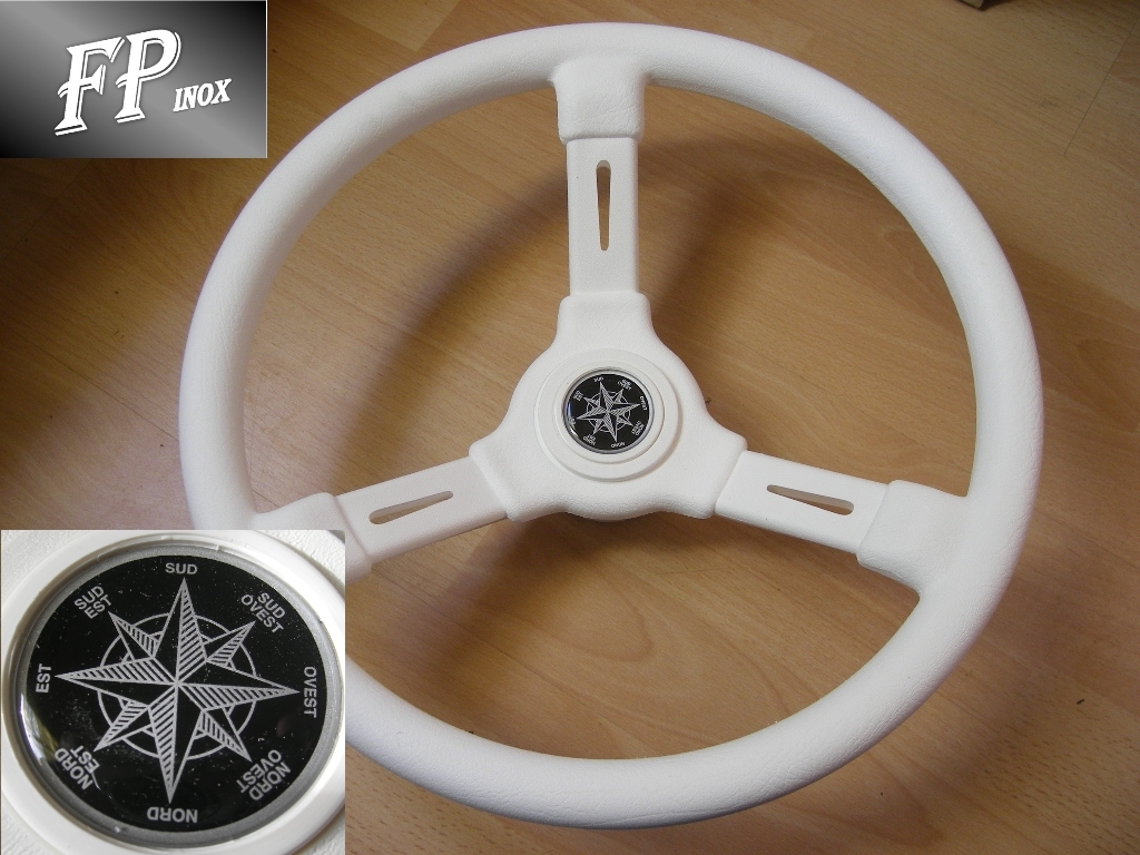 Volant blanc tuning 355mm 3 branches avec moyeu cône universel auto