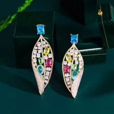 Colorful Cubic Zirconia Paved Gold Plated Long Leaf Drop Earrings for Women Gift