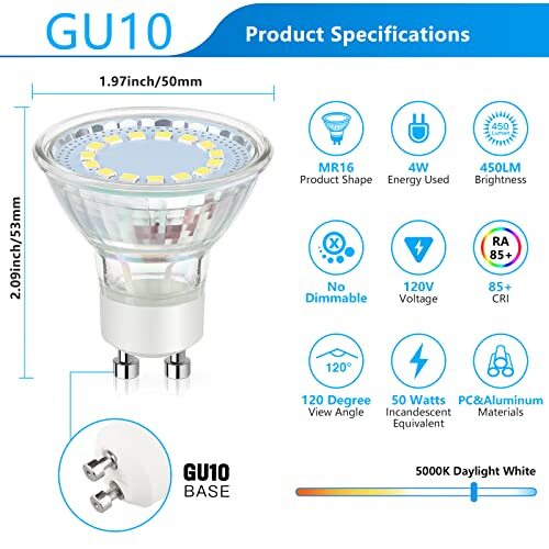 GU10 LED Light Bulbs, 50 Watt Halogen Equivalent, Daylight White 5000K