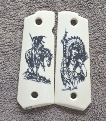 1911/Clones For Kimber/Colt Frames Hand Scrimshaw Indian Warrior & His Princes!