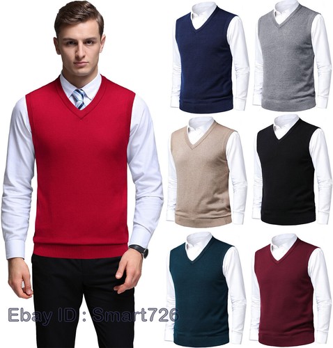 Mens V-Neck Sleeveless Sweater Vest Slim Fit Knitted Jumper Gilets Tank Tops