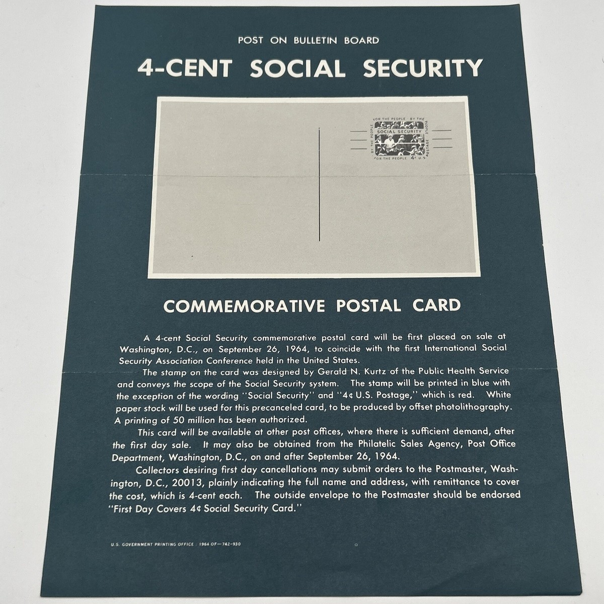 Vintage 1964 4¢ Social Security Commemorative Postal Card FDC